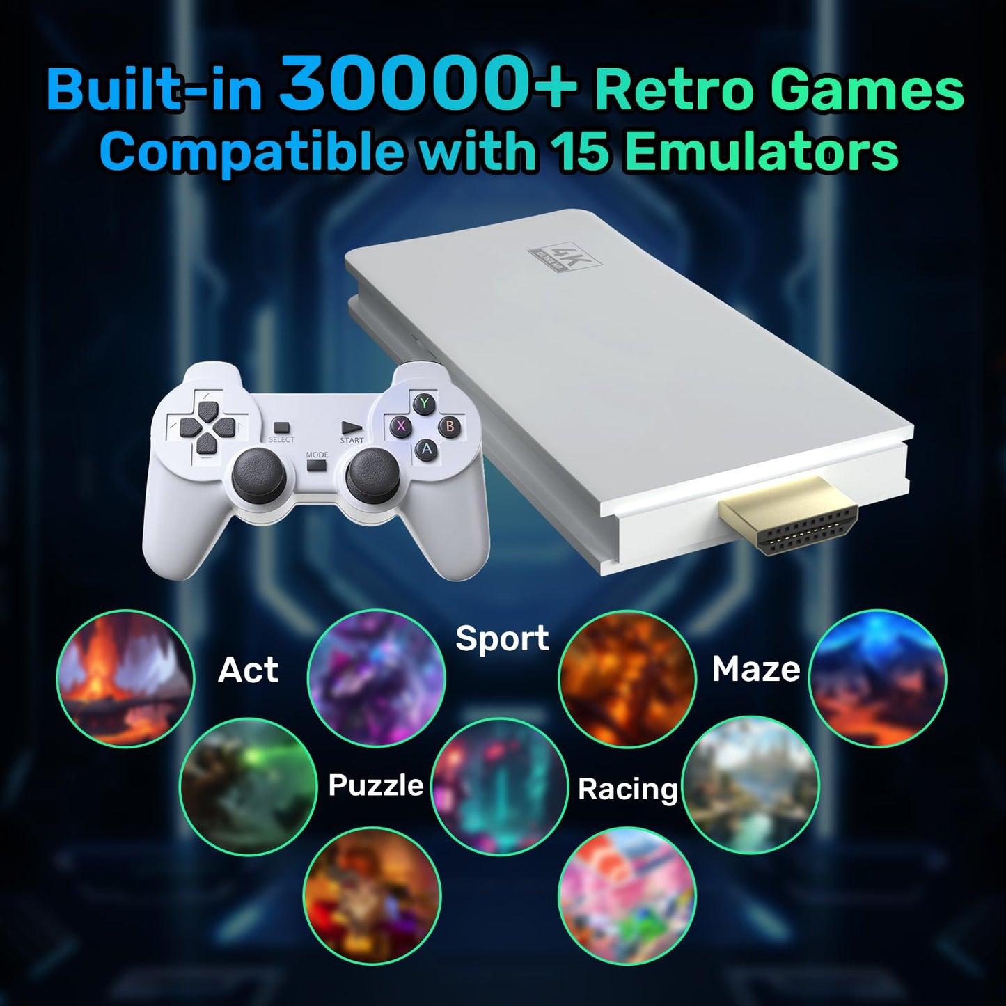 Wireless Retro Game Console Stick, Emulator Console with 30000 Plug and Play Video Games, Nostalgia Stick for 4K TV, Retro Drive Support 4K HD Output, Video Game Console 64G, 2.4G Wireless Controllers