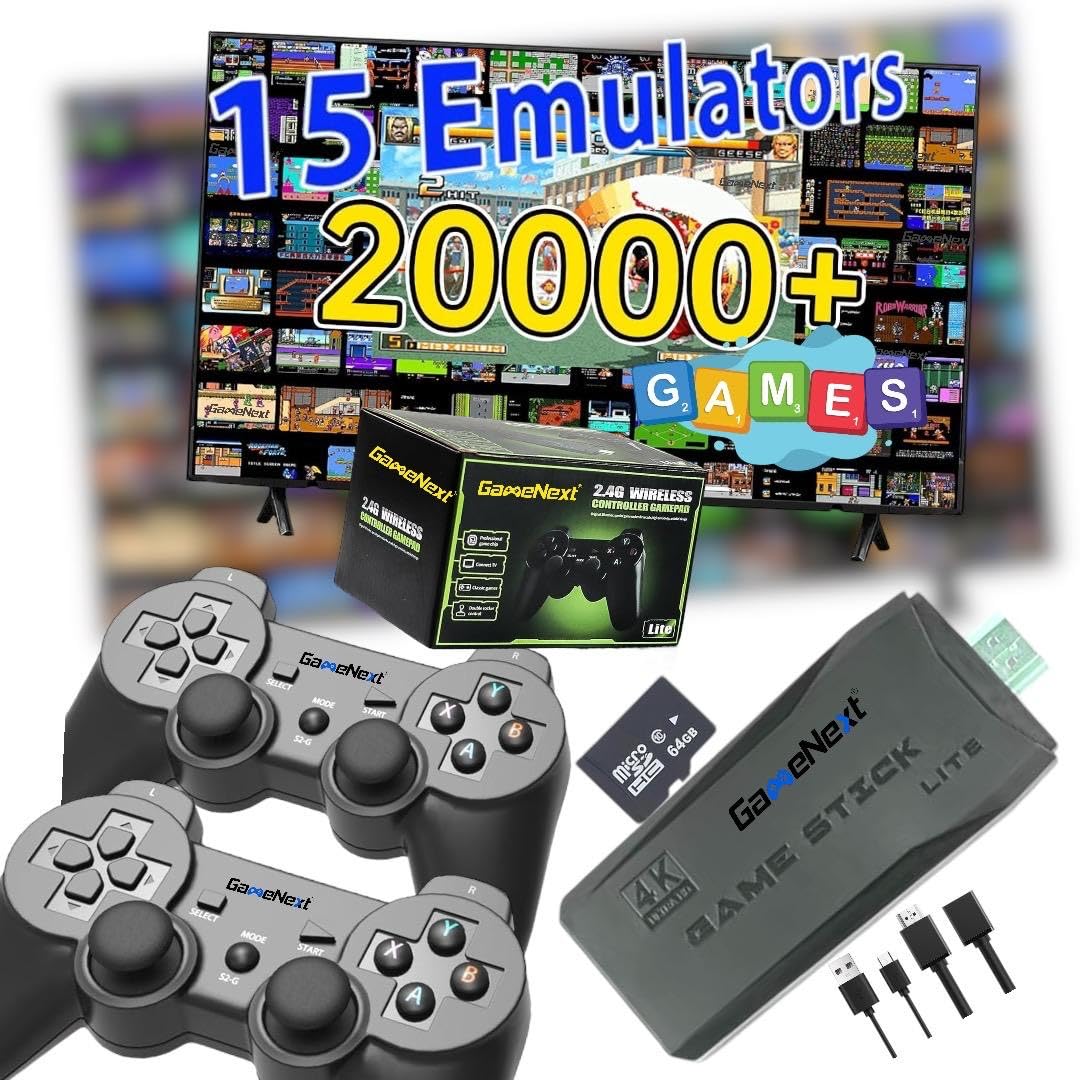 GameNext Wireless Retro Gaming Console Stick Retro Video Game Console Stick Built in 20000+ Games with 15 Emulators, 4K HDMI Output with 2 2.4G Wireless Controllers (64GB Memory Card)