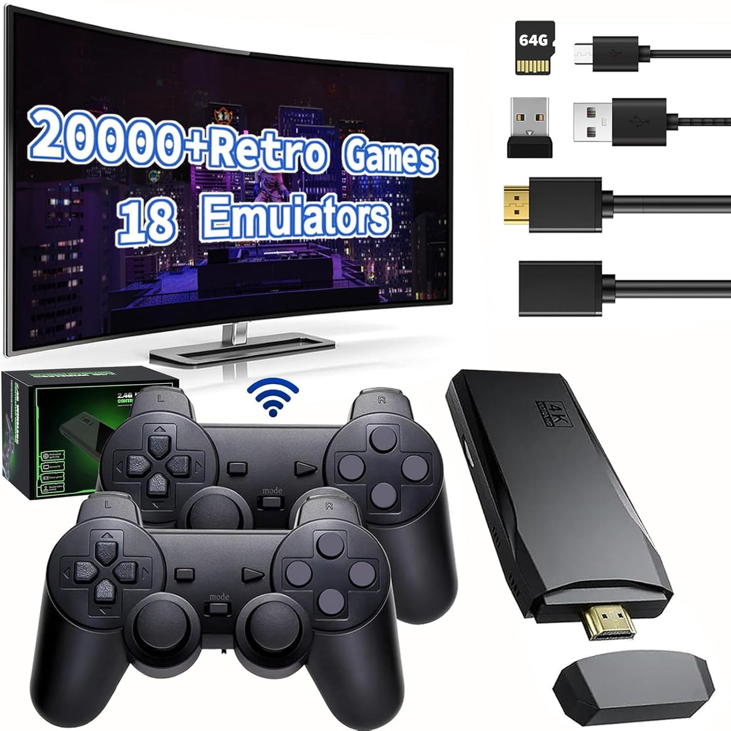 GamingBoy Wireless Retro Game Console Stick, Upgrade Retro Video Gaming Console Stick Built in 20000+ Games with 18 Emulators, 4K HDMI Output with 2 Pack 2.4G Wireless Controllers - 64GB Memory Card